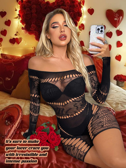 Sesiwadbe Woman Lingerie Bodysuit Fishnet Bodystocking Sexy Bodycon Jumpsuit (BlackV,M)