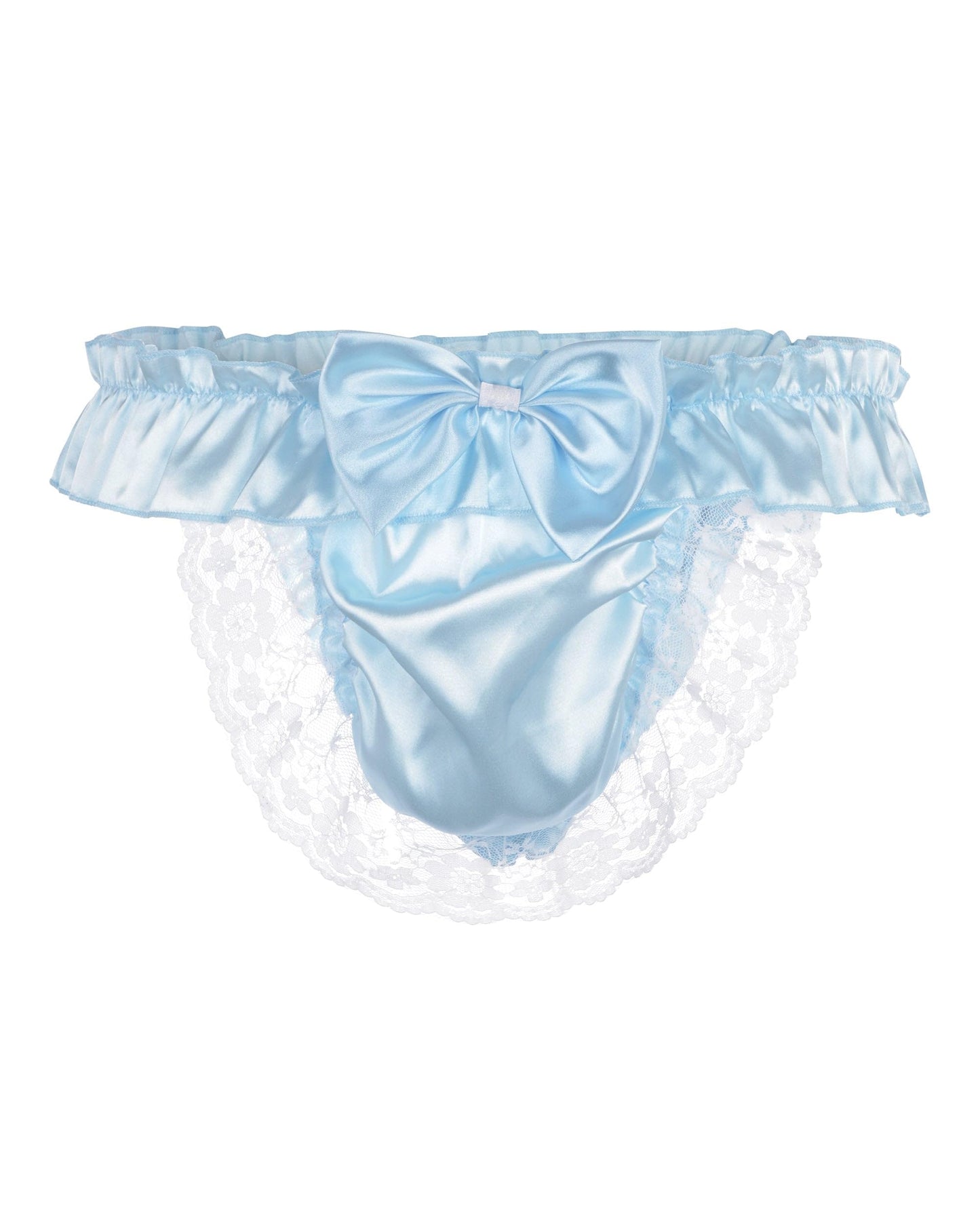 Satini Men's Satin Ruffle Bow Thong Sissy Knickers Briefs Jockstrap Panties (Baby Blue, XXL)
