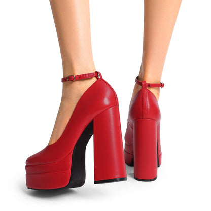 Women's Mary Jane Platform Heel Pumps,Size 7,Red-Pu
