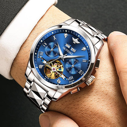 Men's Luxury Watch Automatic Mechanical Self Winding Sapphire Crystal Tungsten Stainless Steel Waterproof Two Tone Business Dress Watches (Blue)