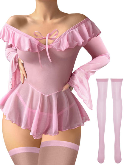Sheer Ruffle Long Sleeve Babydoll Lingerie Dress Pink M