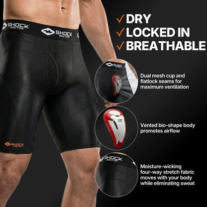Shock Doctor Compression Shorts with Protective Bio-Flex Cup, Moisture Wicking Vented Protection, Black, Adult, Medium