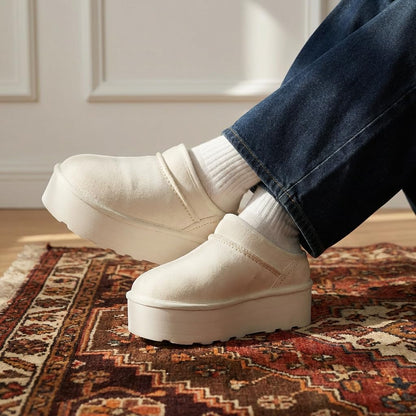 CUSHIONAIRE Huggy-2 Platform Slippers for Women, Cozy Genuine Suede Slip-On Ankle Boots for Indoor Outdoor Wear, Womens Slippers, OFF WHITE 9W