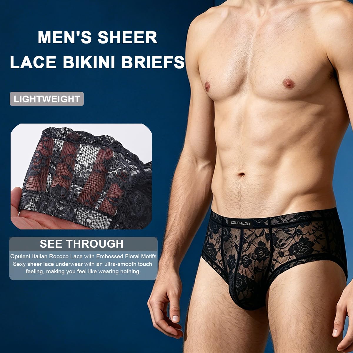 Men's Lace Bikini Briefs - Sheer Underwear Pouch Breathable Panties