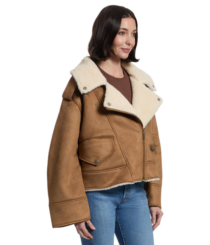 UGG Women's Finnian Luxefluff Moto Jacket Coat, Chestnut, L