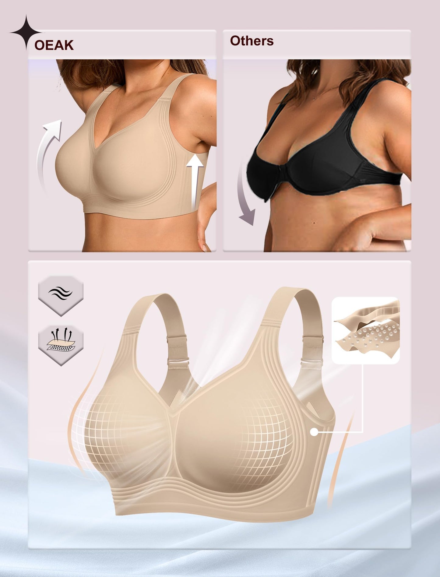 OEAK Womens Wireless Jelly Bra Plus Size Supportive Seamless Bras Full Coverage Push Up Comfortable No Underwire Tshirt Bras Creamy Beige+Leopard Coffee XL