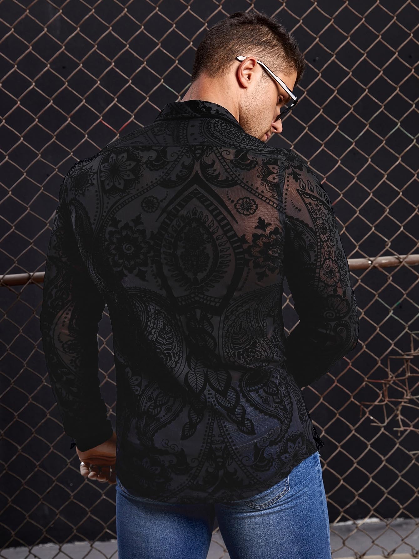 WDIRARA Men's Floral Paisley Print Mesh Button Down See Through Slim Fit Party Shirt Top Tee Black M