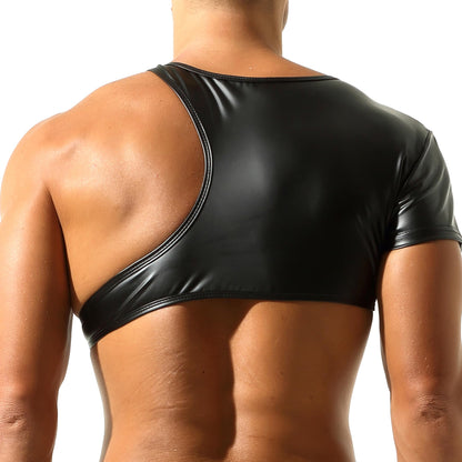 Mens Leather Crop Tops Sexy Sleeveless Muscle Half Tank Tops for Nightclub Party