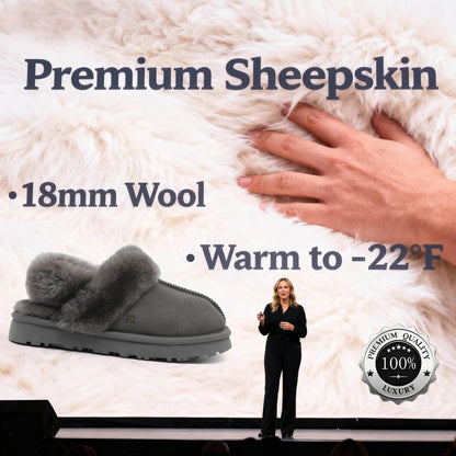 MelSyd Fuzzy House Slippers for Women: Genuine Australian Sheepskin - Secure Fit Footwear with Heel Straps - Cozy Slip On Slide in Winter Indoor/Outdoor - Gift for Birthday/Chritmas - Grey Size 8