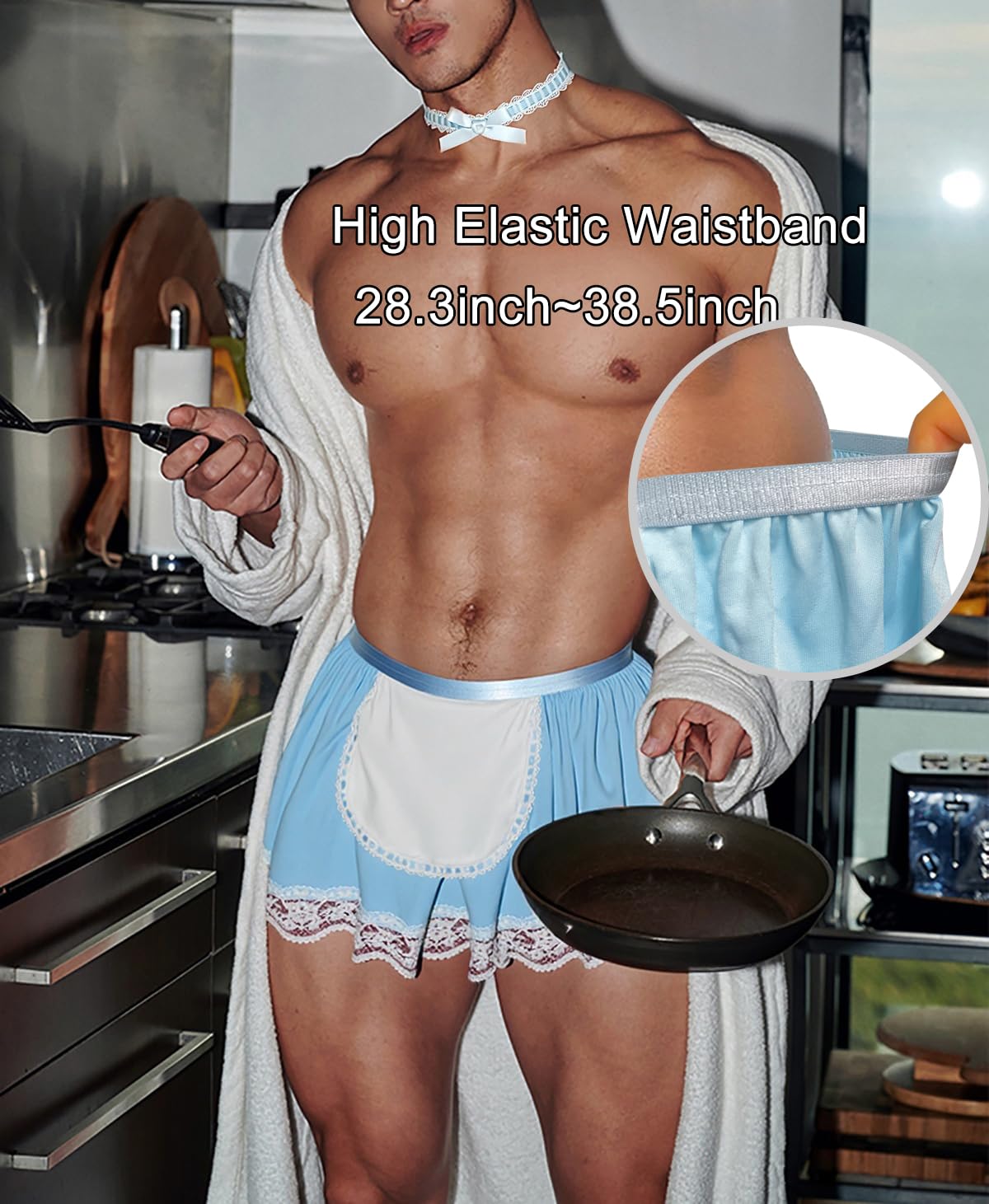 3-Pieces Maid Costume Outfit For Men, Men's Mini Skirt Sissy Outfit Crossdressing (Blue, One Size)