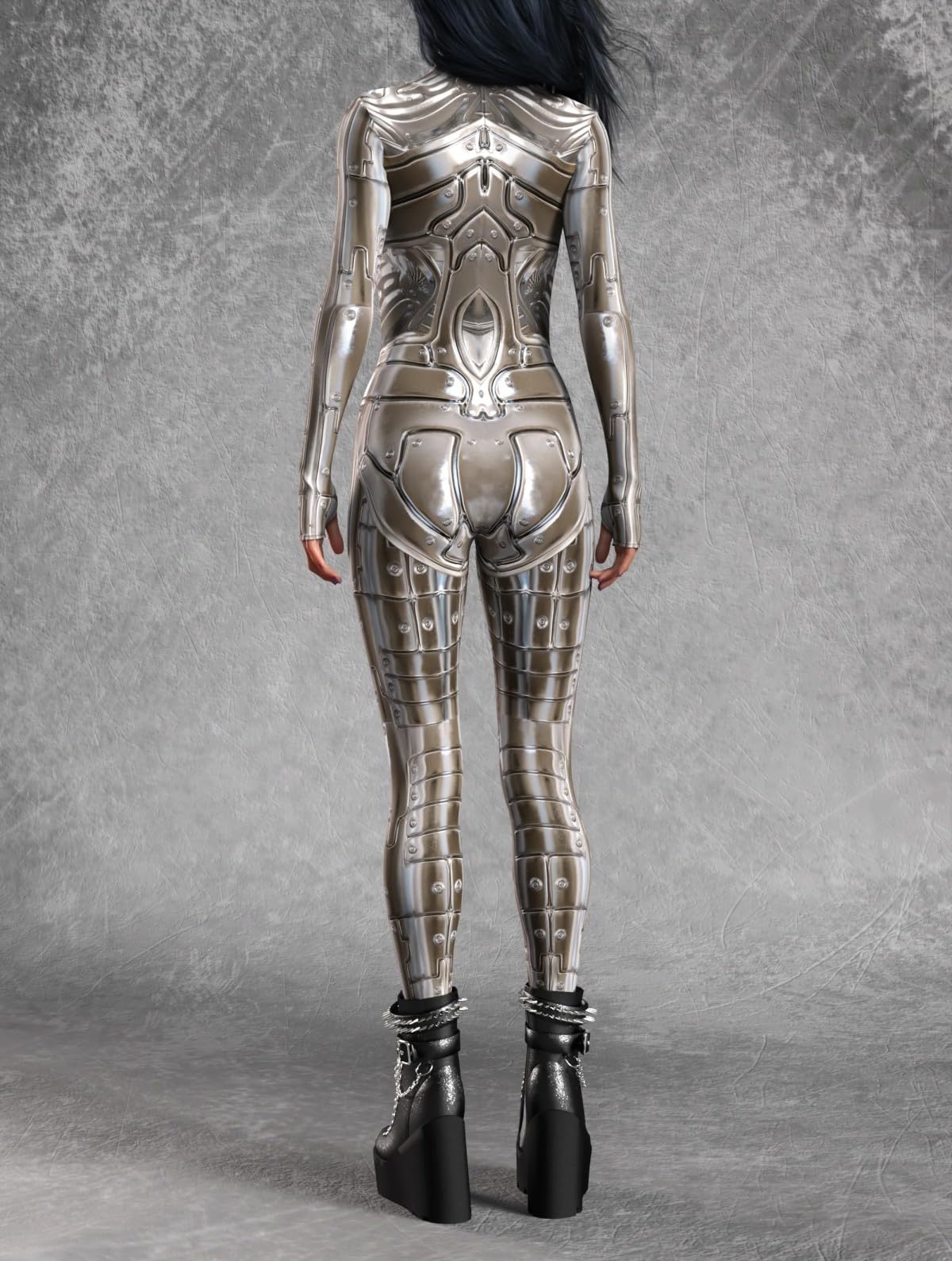 Silver Armor Print Bodysuit for Women Full Body Metallic Sci-Fi Jumpsuit Long Sleeve Stretch Cosplay Costume (HX116, XL)