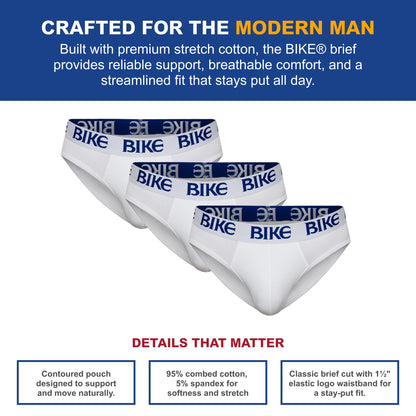 Bike Men's 3-Pack Stretch Cotton Athletic Men’s 3-Pack Stretch Cotton Briefs | Comfortable Soft Cotton Spandex Blend Underwear | Elastic Waistband Fit, X-Large, White