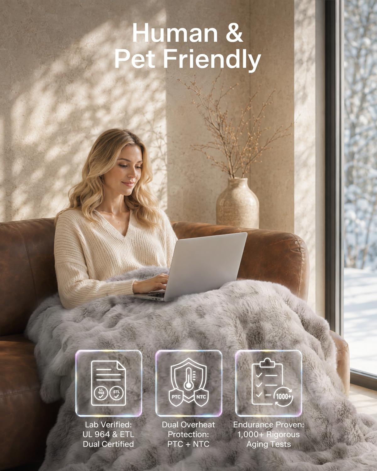 LuxeBul Ultrasoft Heated Blanket Throw: 460 GSM Fluffy Cozy Faux Fur