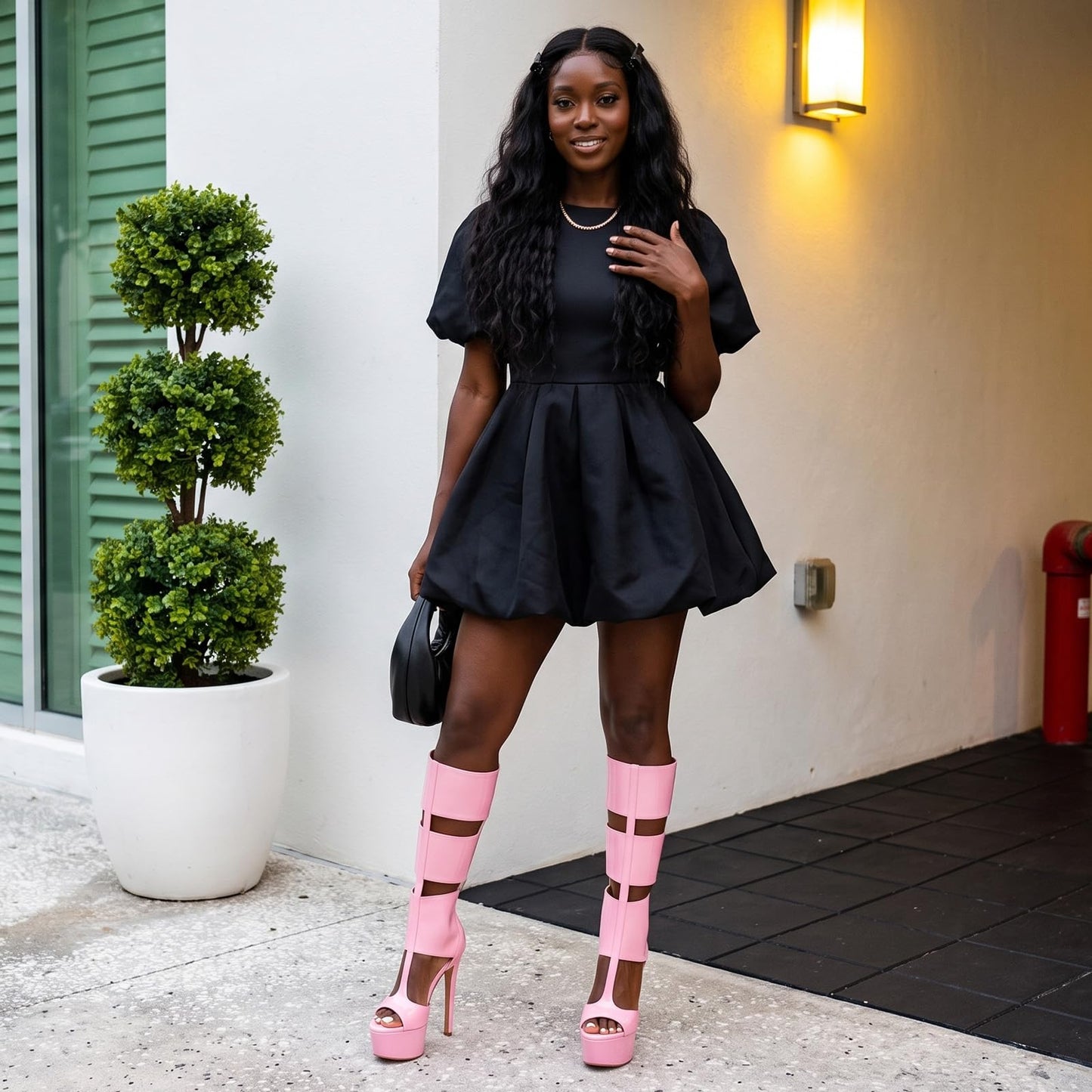 FancyQueen Gladiator Heels, Pink Platform Heels Open Toe Knee High Sandals Club Prom Boots, Sexy Style for Party