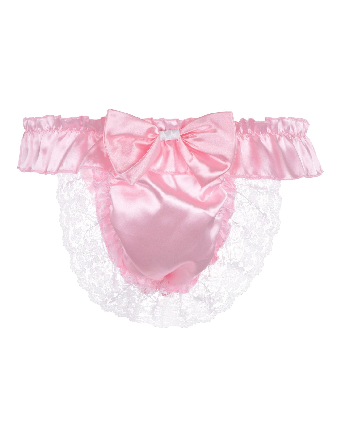 Satini Men's Satin Ruffle Bow Thong Sissy Knickers Briefs Jockstrap Panties (Baby Pink, XXL)