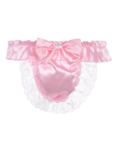 Satini Men's Satin Ruffle Bow Thong Sissy Knickers Briefs Jockstrap Panties (Baby Pink, XXL)