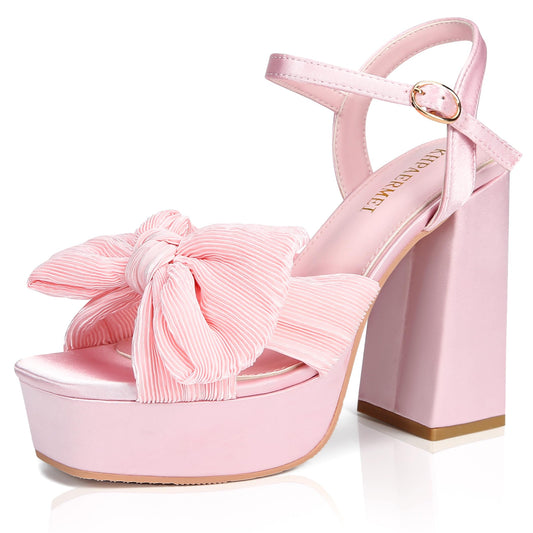 Bow Knot Platform Heels for Women Fashion Open Toe Chunky Heeled Sandals Ankle Strap Wedding Party Dress High Heels