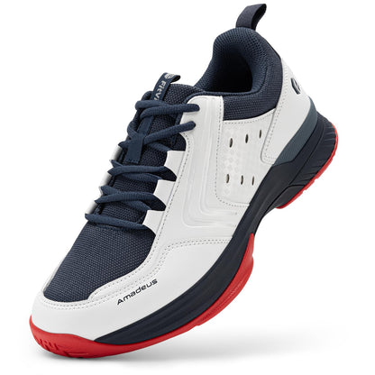FitVille Tennis Shoes for Men Wide Mens Pickleball Shoes Breathable Court Shoes Racquetball Badminton Athletic Sneakers for All Courts | Arch Support | Energy Return (12 Medium, White & Navy Blue)