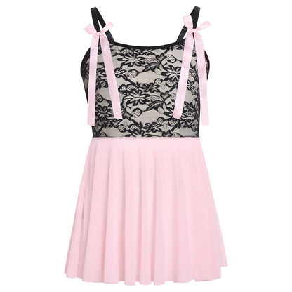 ABAFIP Men‘s Lace Babydoll Dress Sheer See Through Crossdresser Lingerie Mesh Nightgown Femboy Outfit Light Pink Medium