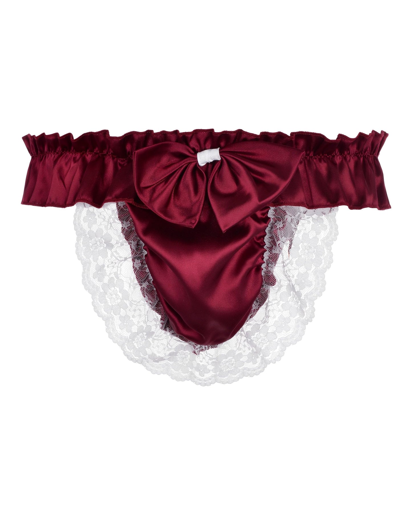 Satini Men's Satin Ruffle Bow Thong Sissy Knickers Briefs Jockstrap Panties (Wine Red, S)