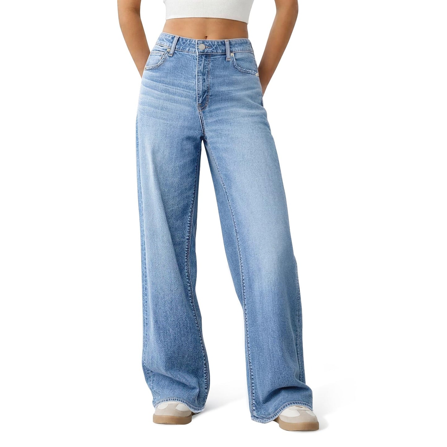 Mars power Women's High Waist Wide Leg Jeans, Loose Baggy Denim Pants with Distressed Pockets & Raw Hem, Streetwear Casual Oversized Pants (Light Blue, M)