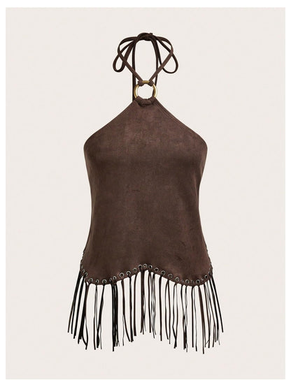 Women's Western Fringe Halter Tops Going Out Country Concert Outfit