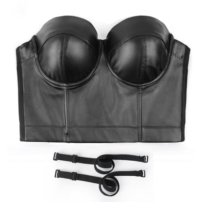 PU Leather Bustier Crop Top Gothic Punk Push Up Women's Corset Top Bra Black X-Large