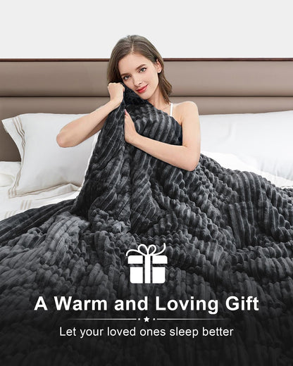 Sherpa Fleece Adult Weighted Blanket with Ribbed Stripes, 15 Pounds Dual Sided Soft Plush Blanket for Couch Bed Sofa, Heavy Thick Blankets with Ceramic Beads Great for Sleep, Dark Grey, 48" x 72"