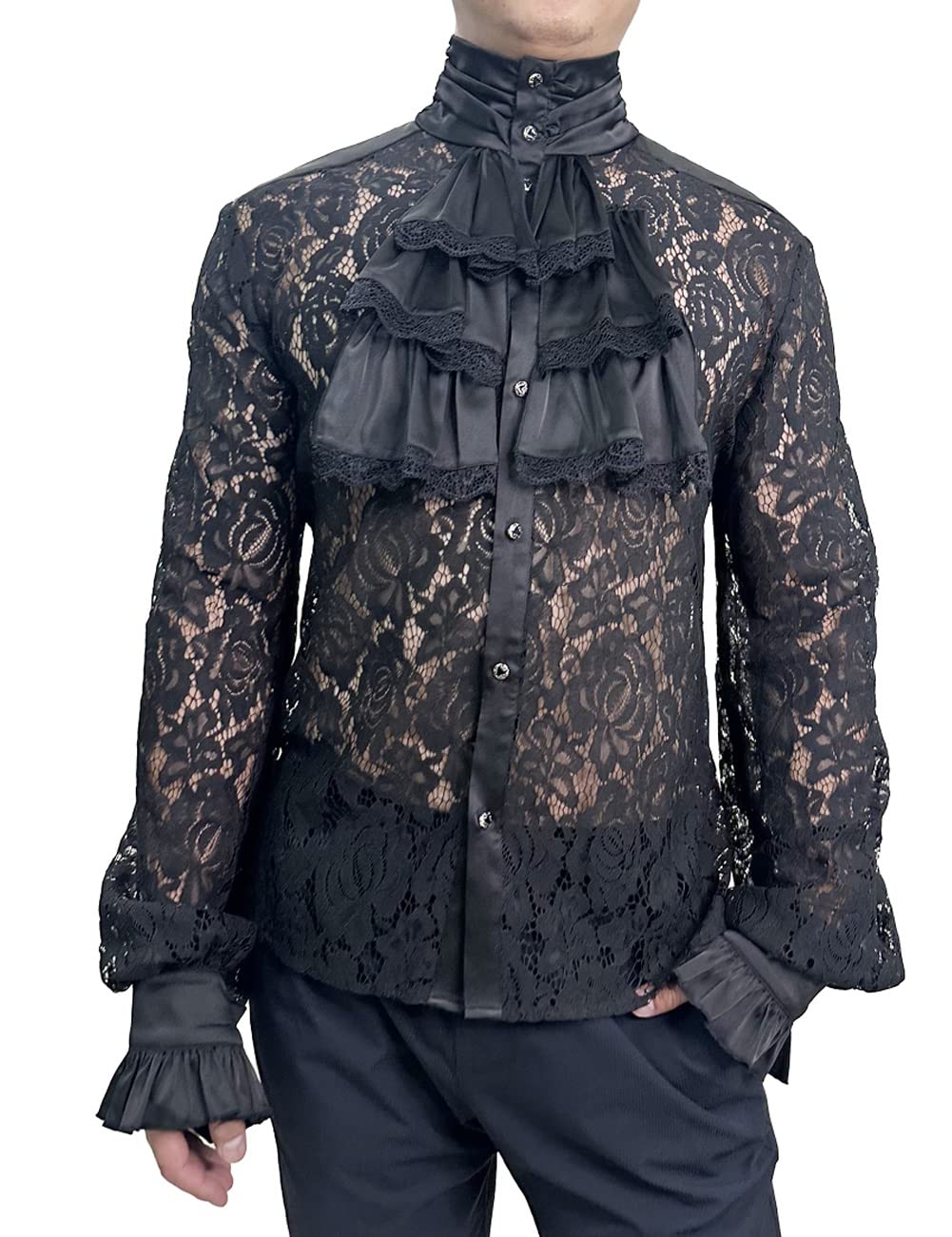 AIBEIX Mens Pirate Vampire Shirt Renaissance Victorian Medieval Gothic Shirt(Black-Lace,X-Large)