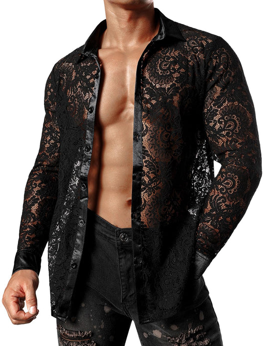 JOGAL Men's See Through Flower Lace Sheer Blouse Long Sleeve Button Down Shirts Dark Black Medium