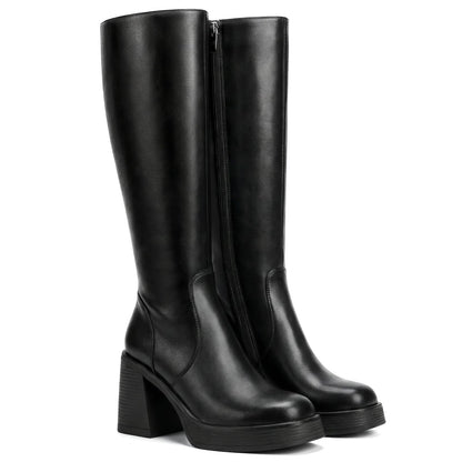Knee High Boots for Women - Platform Chunky Square Toe Tall Boots with Block Heeled Side Zipper, Fashion Long Gogo Boots for Spring Fall