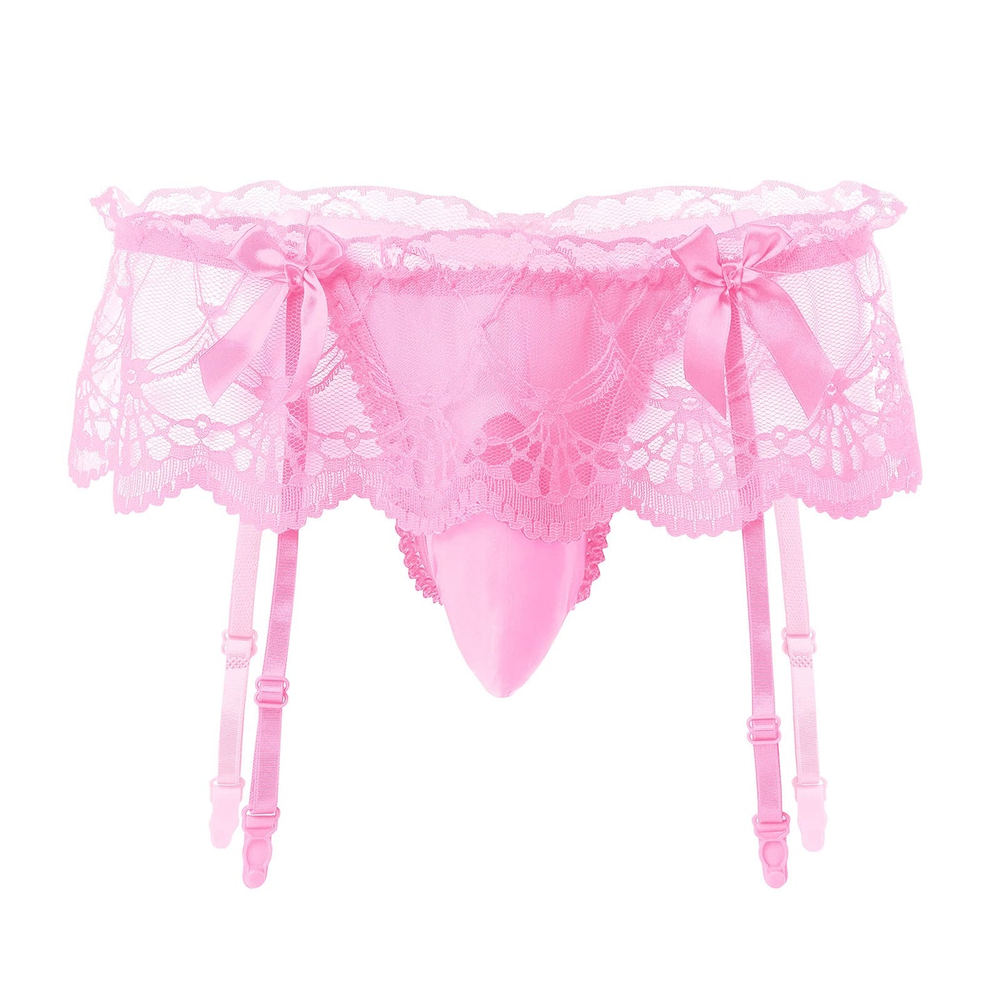 Men Lingerie Frilly Skirted Sissy Thongs Panties Low Waist G-string Garter Belt Crossdressing Underpants Lace Underwear Pink One Size