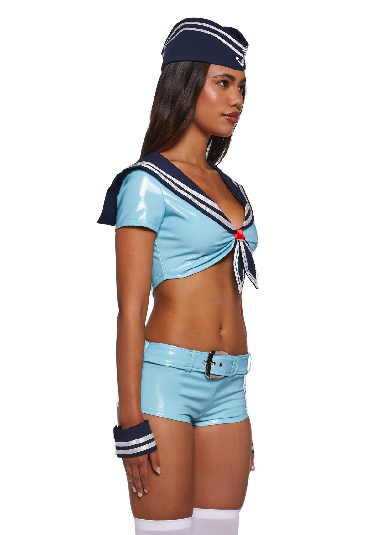 Dolls Kill Alt Sailor Girl Costume by Trickz N’ Treatz – Women’s Vinyl Crop Top, Shorts, Hat & Cuffs Set, Blue, X-Small