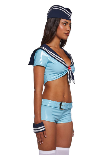 Dolls Kill Alt Sailor Girl Costume by Trickz N’ Treatz – Women’s Vinyl Crop Top, Shorts, Hat & Cuffs Set, Blue, X-Small