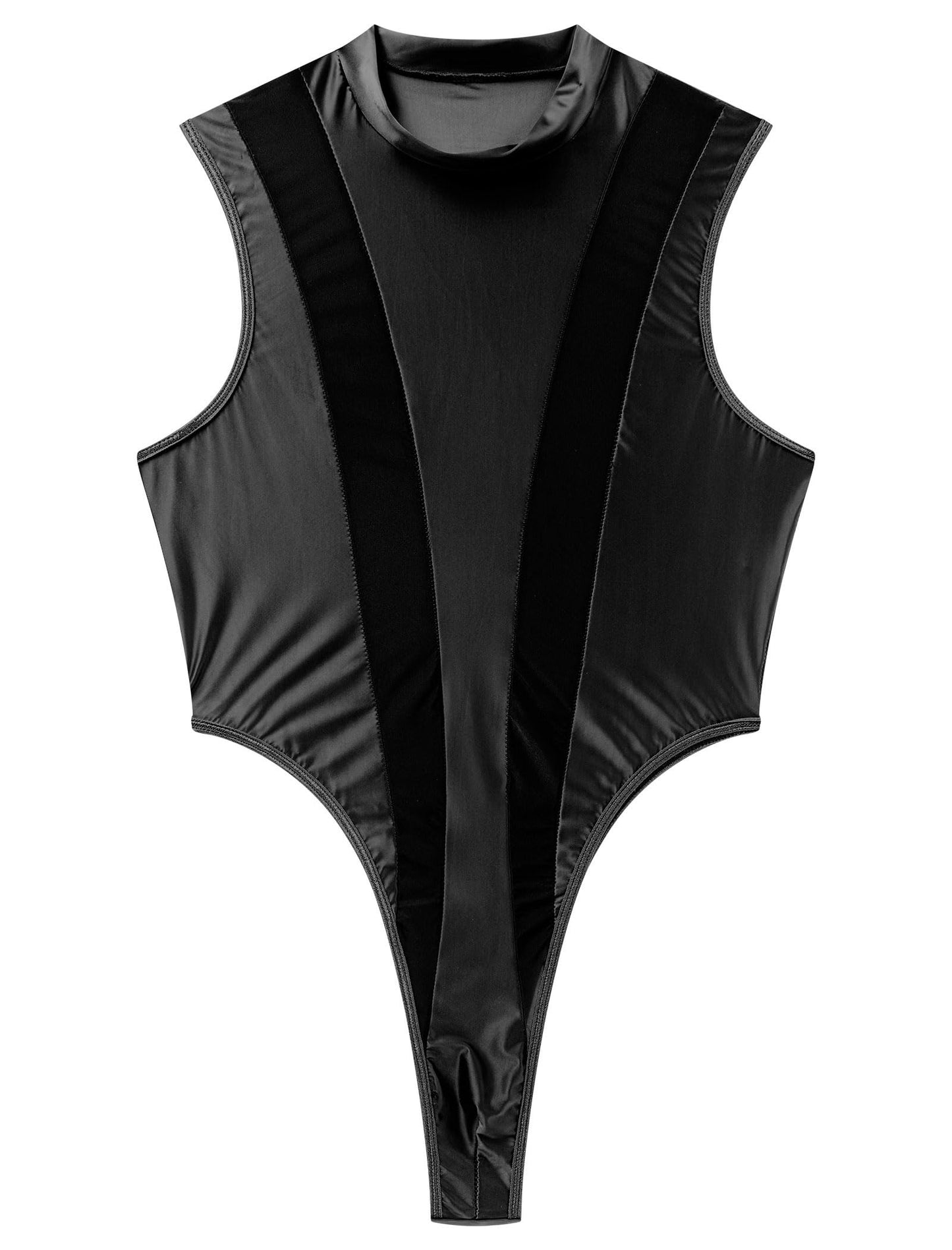 Men's Mesh Sheer Bodysuit Mock Neck Spliced Sleeveless High Cut Thong Leotard Singlet Underpants Black One Size