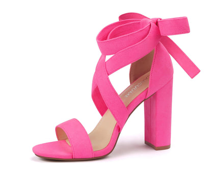 Strappy Heels for Women Chunky Heels High Heeled Sandals with Lace Up Fahsion Casual Nude Block Heel Sandals,Ellery-HOT PINK NEW-7