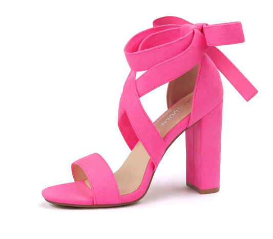 Strappy Heels for Women Chunky Heels High Heeled Sandals with Lace Up Fahsion Casual Nude Block Heel Sandals,Ellery-HOT PINK NEW-7