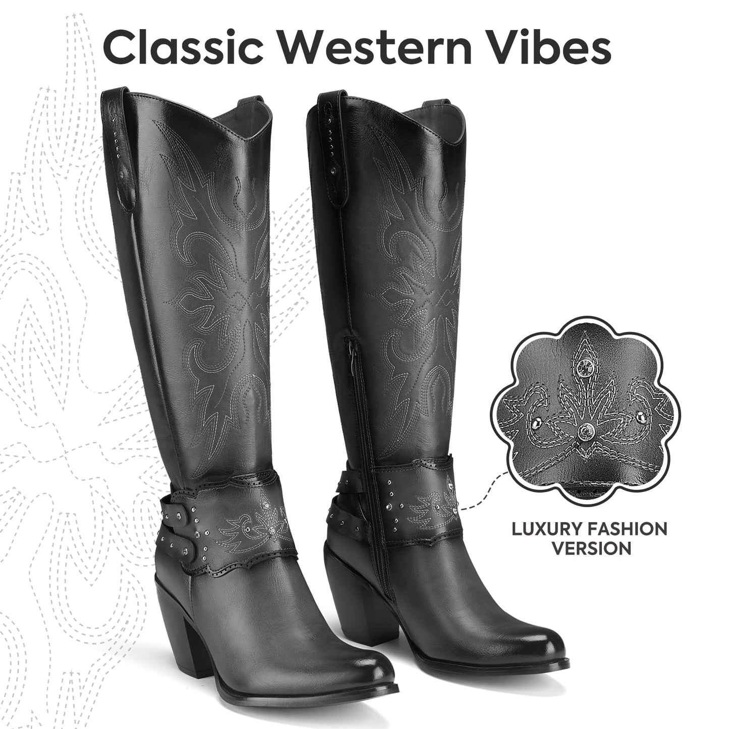 Cowboy Boots for Women, Cowgirl Boots Knee High, Ladies Tall Western Boots Rounded Toe Chunky Heel Pull on Zipper for Country Concert Party Women Boots Black Size 9
