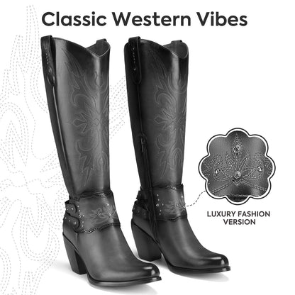 Cowboy Boots for Women, Cowgirl Boots Knee High, Ladies Tall Western Boots Rounded Toe Chunky Heel Pull on Zipper for Country Concert Party Women Boots Black Size 9