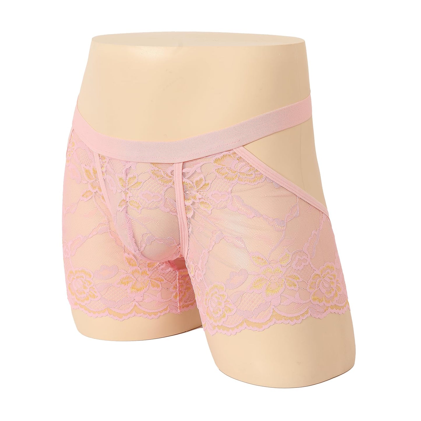 Mens Sexy Boxer Briefs Breathable Lace Underwear (US, Alpha, One Size, Regular, Regular, Pink)