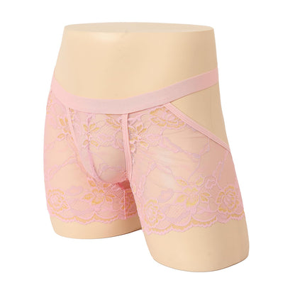 Mens Sexy Boxer Briefs Breathable Lace Underwear (US, Alpha, One Size, Regular, Regular, Pink)