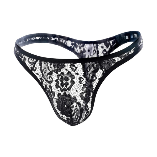 Men's Sissy Lace Thong Panties, Femboy Panty See-Through Floral Underwear Lingerie for Cross-dressers (US, Alpha, Large, X-Large, Regular, Regular, Black)