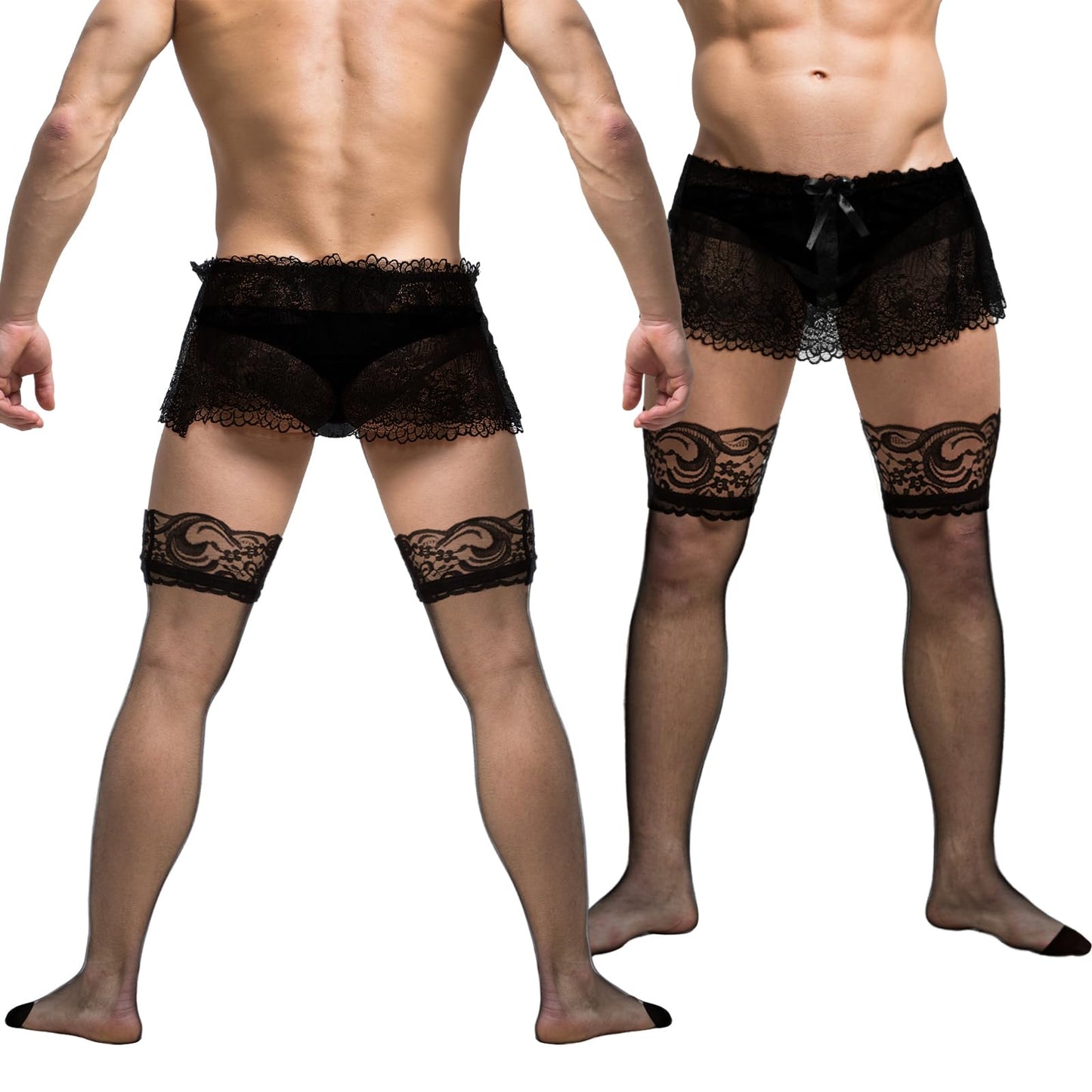 Jamntower 3 Pcs Sissy Accessories Men's Lace Skirt Thongs Panties Stockings Black Low Rise Lace Mesh Ruffled Lingerie Men's Sissy Outfit Femboys Underwear