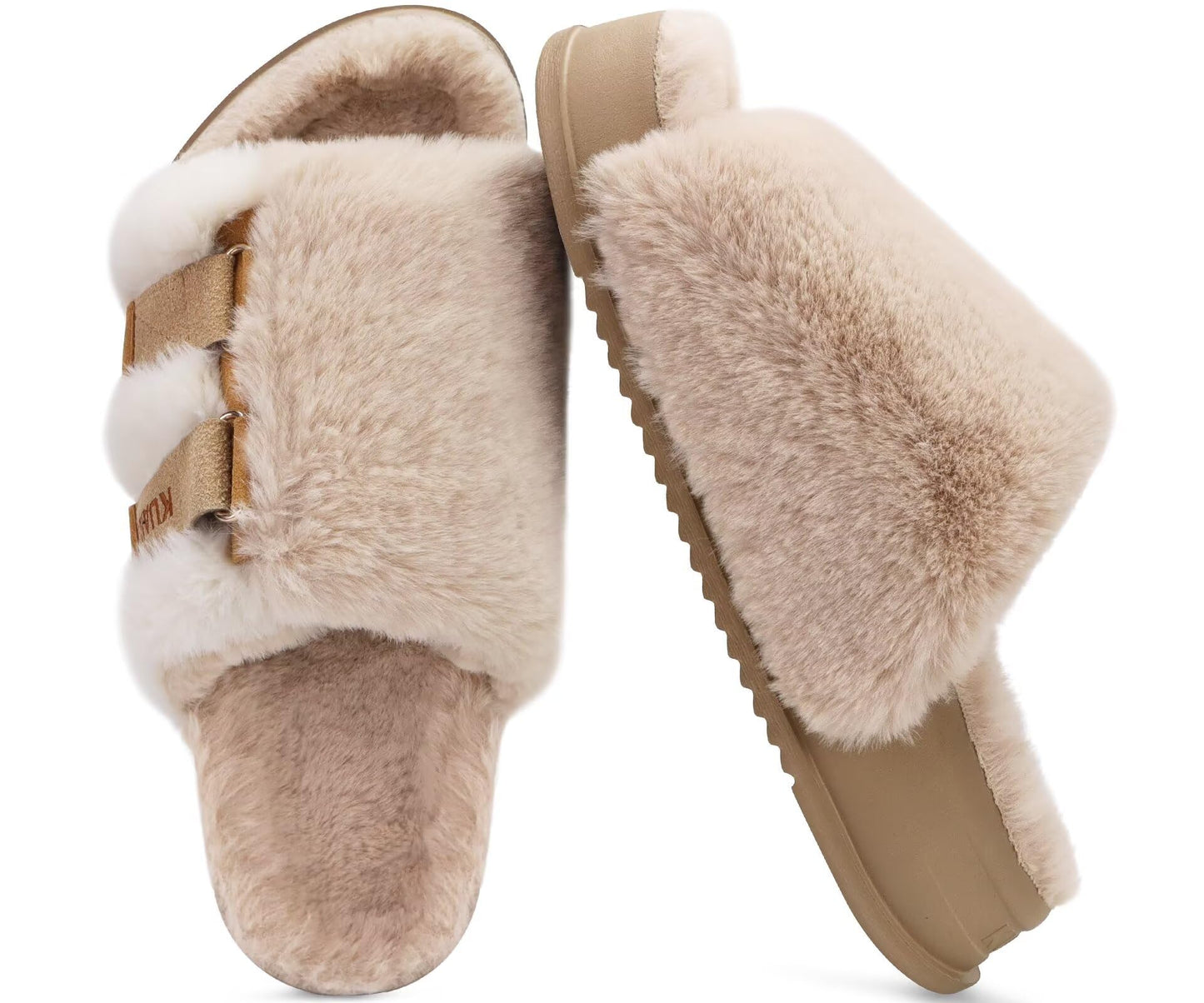 KuaiLu Womens Fuzzy Platform Open Toe Slipper with Arch Support Fluffy Furry Slides Orthotic Faux Rabbit Fur Sandal Indoor Outdoor Beige Size 9