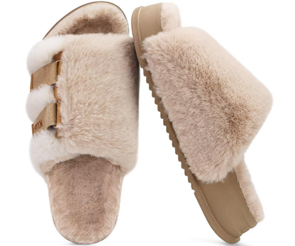 KuaiLu Womens Fuzzy Platform Open Toe Slipper with Arch Support Fluffy Furry Slides Orthotic Faux Rabbit Fur Sandal Indoor Outdoor Beige Size 9
