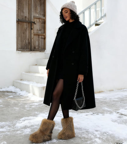Haifago Women's Faux Fur Boots Furry Fluffy Mid-Calf Winter Snow Boot, Fashion Fuzzy Round Toe Warm Booties for Shopping Travel