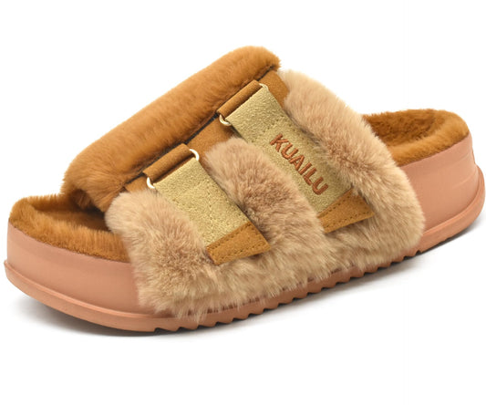 KuaiLu Womens Fuzzy Platform Open Toe Slipper with Arch Support Fluffy Furry Slides Orthotic Faux Fur Sandal Ajustable House Slippers Indoor Outdoor Camel Size 9