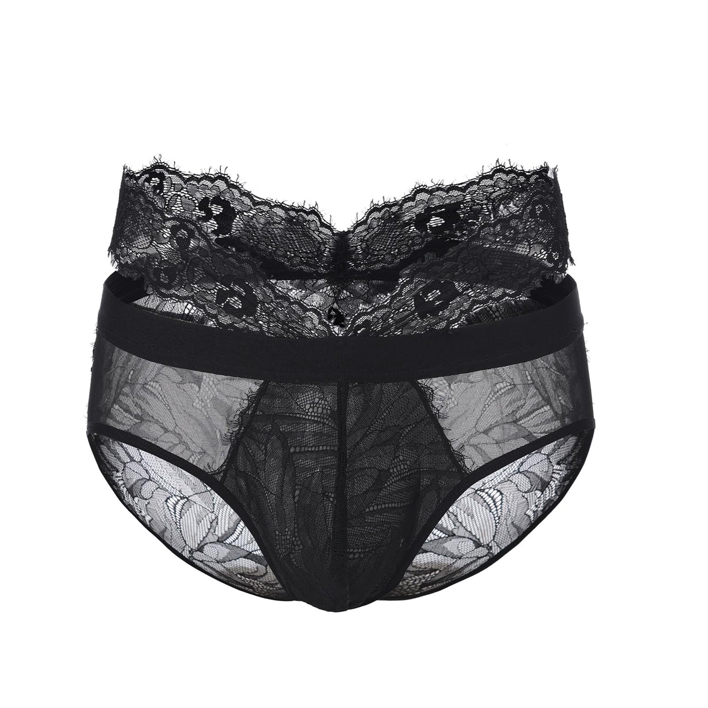BSZN Black Men's Eyelash Lace Briefs, Double Waistband Back Cutout Underwear, Mid Rise Sheer Lace Patchwork Panties for Men