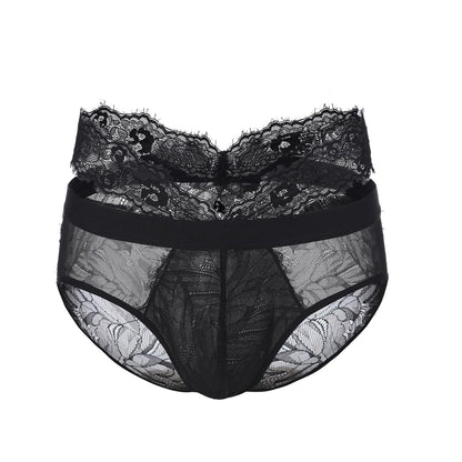 BSZN Black Men's Eyelash Lace Briefs, Double Waistband Back Cutout Underwear, Mid Rise Sheer Lace Patchwork Panties for Men