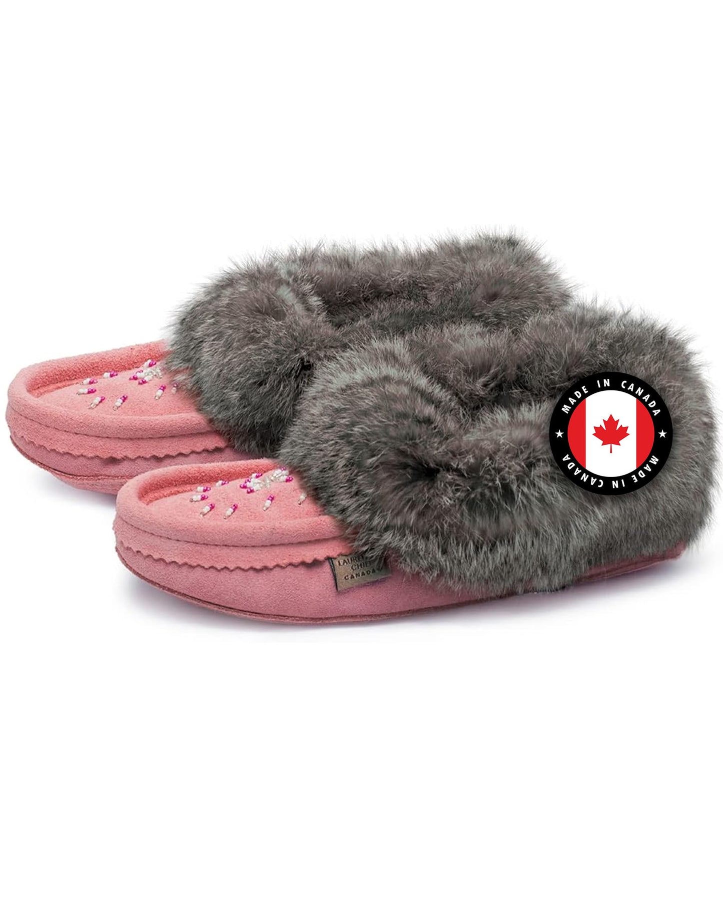 Laurentian Chief Moccasin Slippers for Woman - Orlon Beaded Slippers with Fur Trim and Padded Sole, Canada Quality Womens, Comfortable Stylish Indoor Moccasins for Women